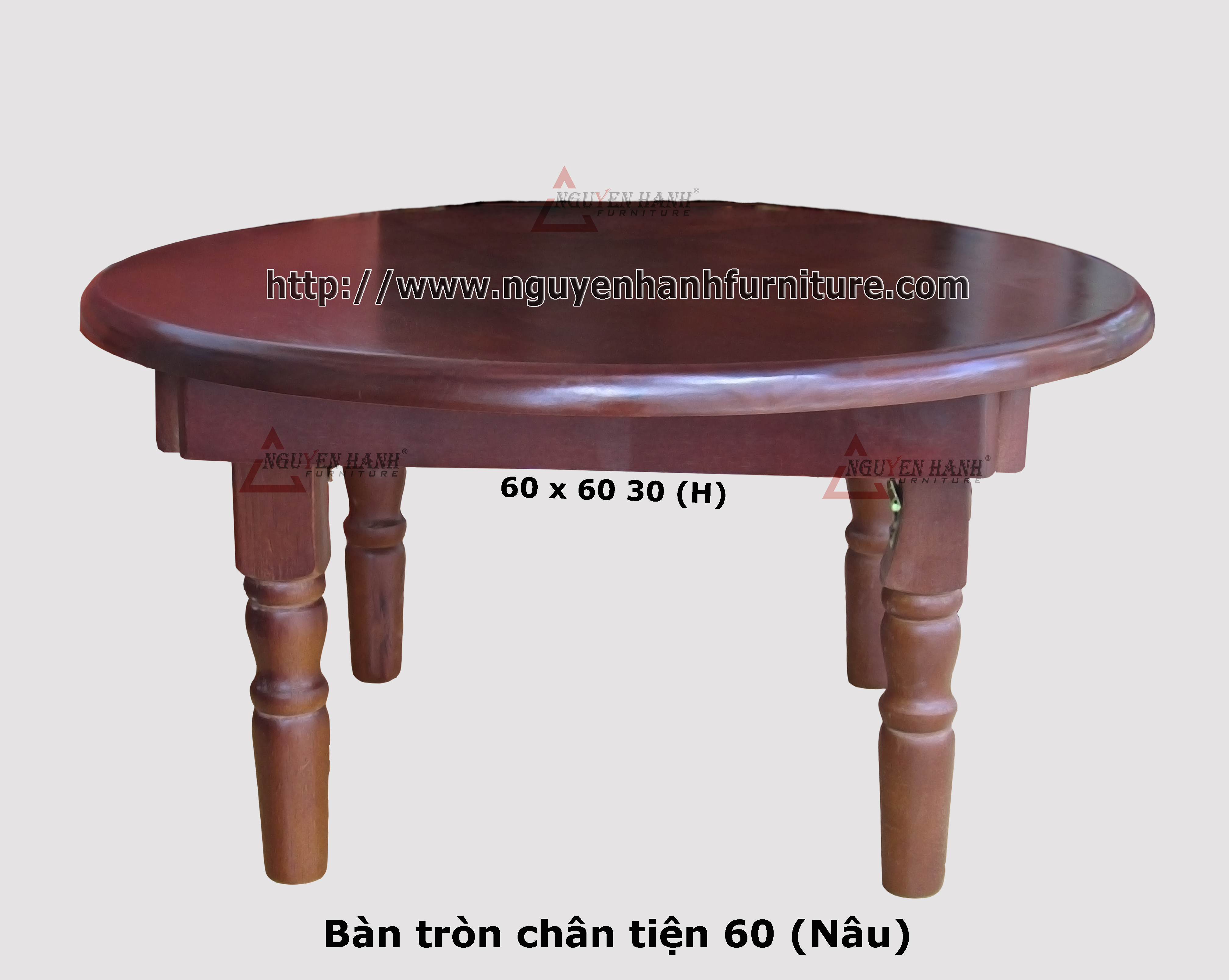 Name product: Round table with turnery legs (Brown) - Dimensions: 60 x 60 x 30 (H) - Description: Wood natural rubber 